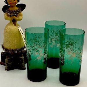 Anchor Hocking Green W/White Pinecones High Ball Glasses Set Of 3 Vintage C1950s